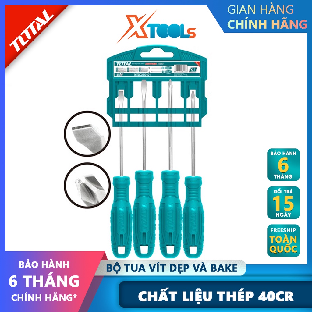 Bộ tuốc nơ vít dẹp và bake 4 chi tiết TOTAL THTDC250401 | dùng để siết chặt hoặc gỡ bỏ ốc vít [CHÍNH HÃNG] [XTOOLs]