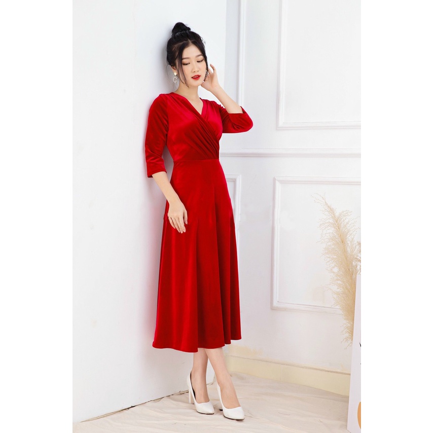 VÁY NHUNG CHÉO NGỰC DÁNG DÀI, ĐẦM NHUNG CAO CẤP