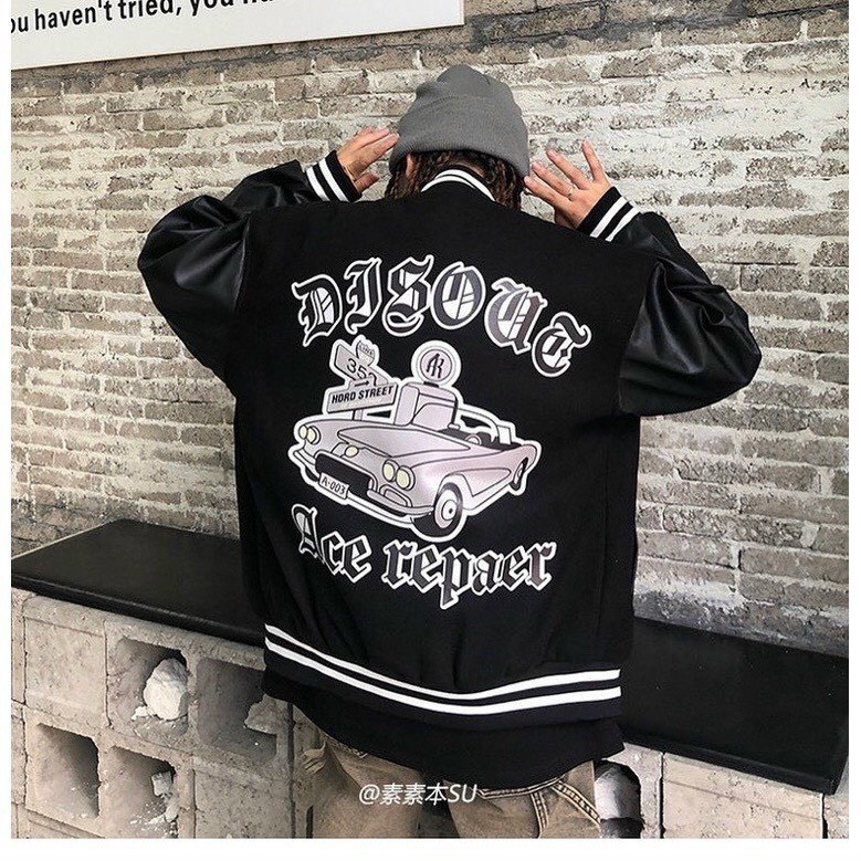 Áo khoác bomber Unisex nam nữ tay da phối họa tiết chữ Đ - kameco