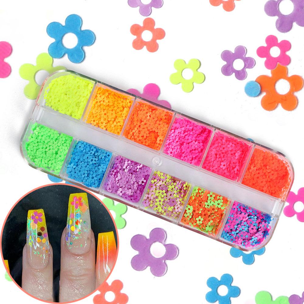 Hộp 12 Ngăn Đựng Phụ Kiện Trang Trí Móng Nghệ Thuật Hình Hoa Màu Neon Dễ Thương