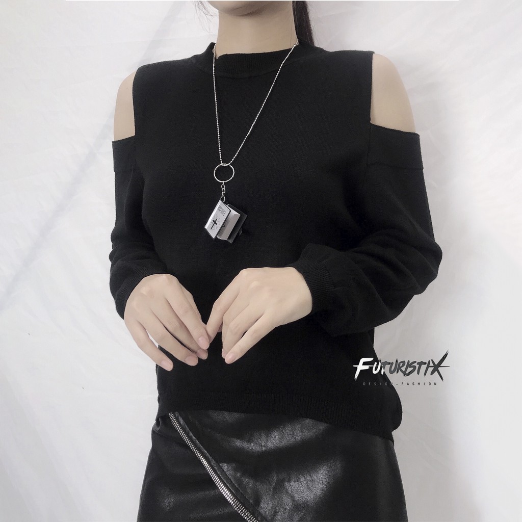 Áo Len Dài Tay Cutout Phối Chân Váy Da Zipper Chéo Vai - Futuristix