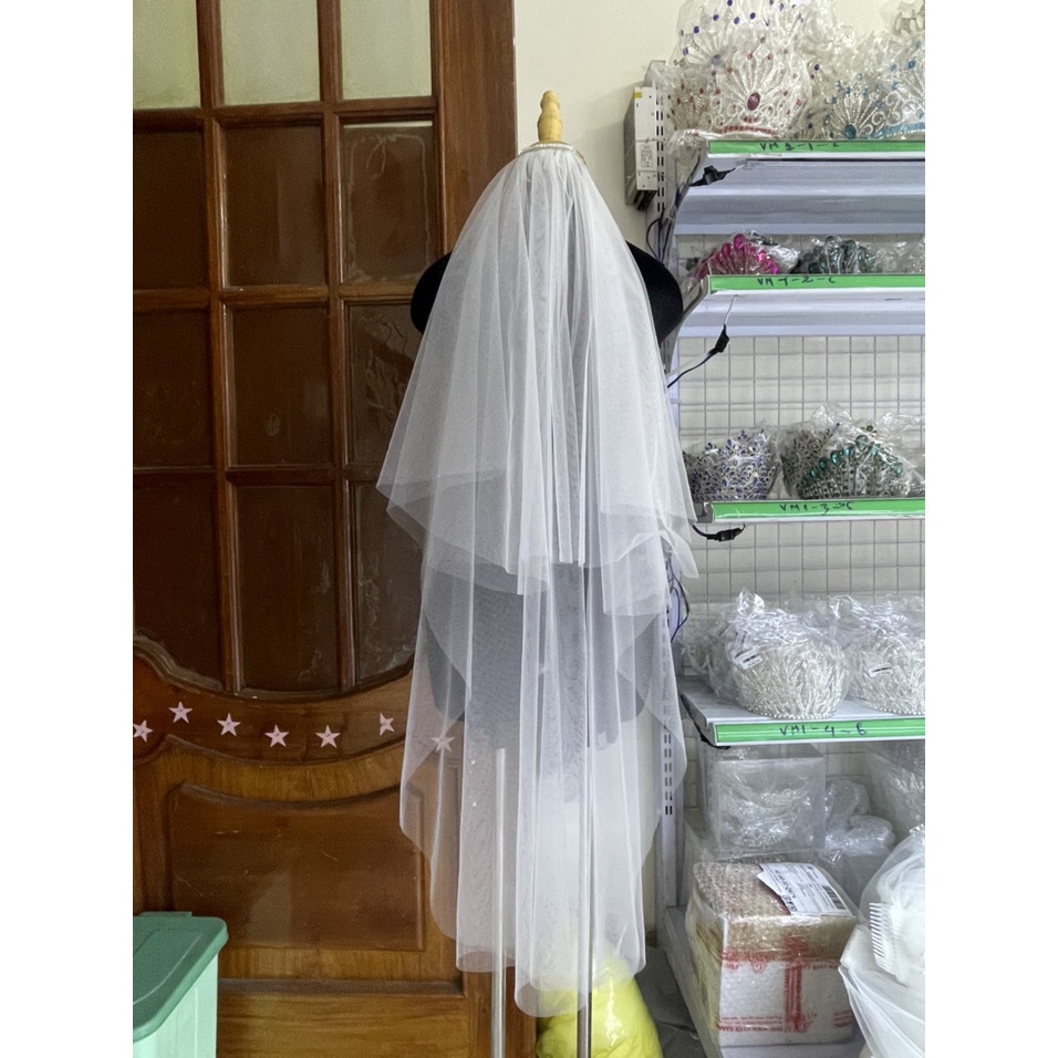 Voan cô dâu mẫu trơn dài 2 lớp có sẵn xược cài tóc