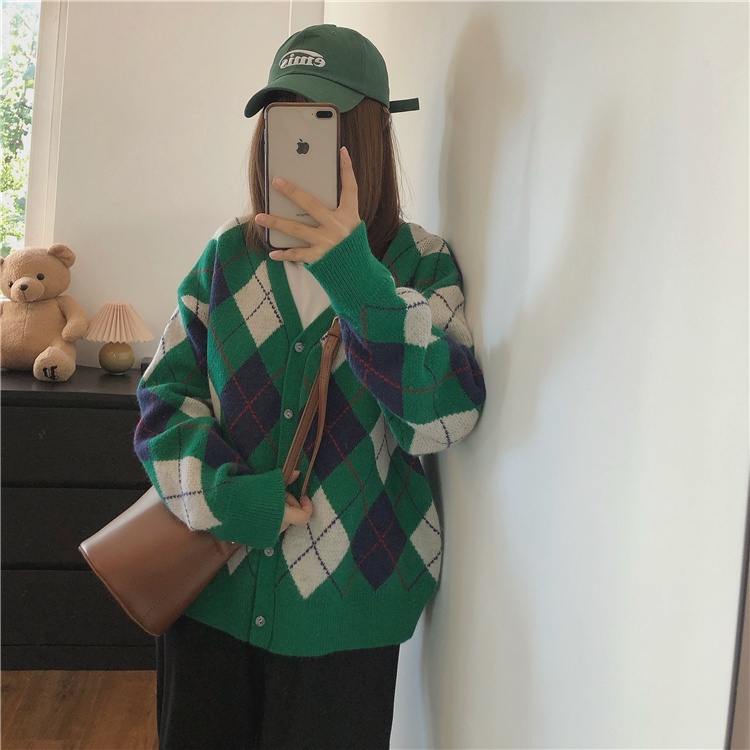 Áo khoác cardigan dài tay cổ chữ V dáng rộng phong cách Hàn Quốc