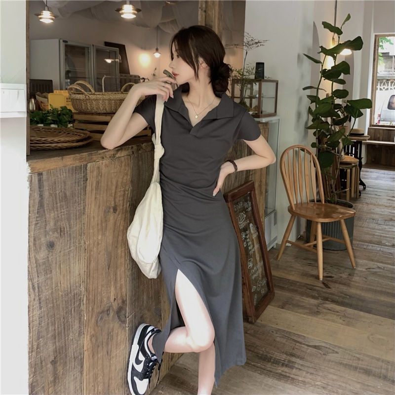 Đầm Dài Cổ polo Dáng Ôm Màu Xám Thời Trang Quyến Rũ Cho Nữ  tao bao