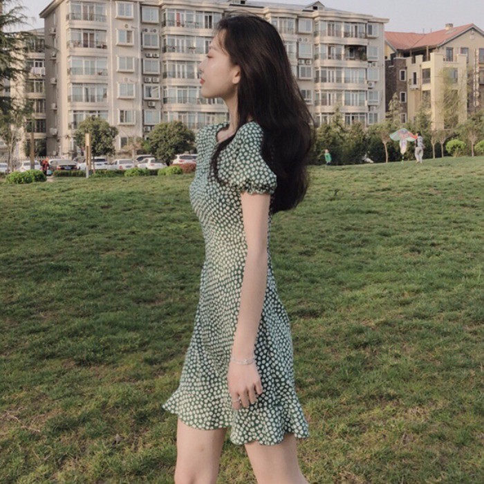 Xiaozhainv Đầm tay ngắn cổ tròn hoạ tiết hoa nữ tính | BigBuy360 - bigbuy360.vn