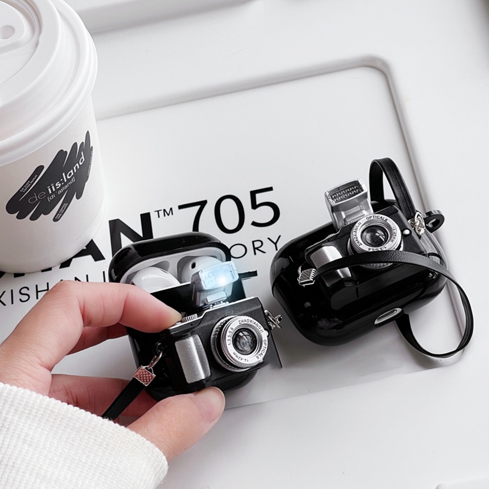 Vỏ Bảo Vệ Hộp Sạc Tai Nghe Airpods 1 2 3 Pro Bằng TPU Mềm Hình Máy Ảnh 3D Gắn Dây Đeo Chống Thất Lạc