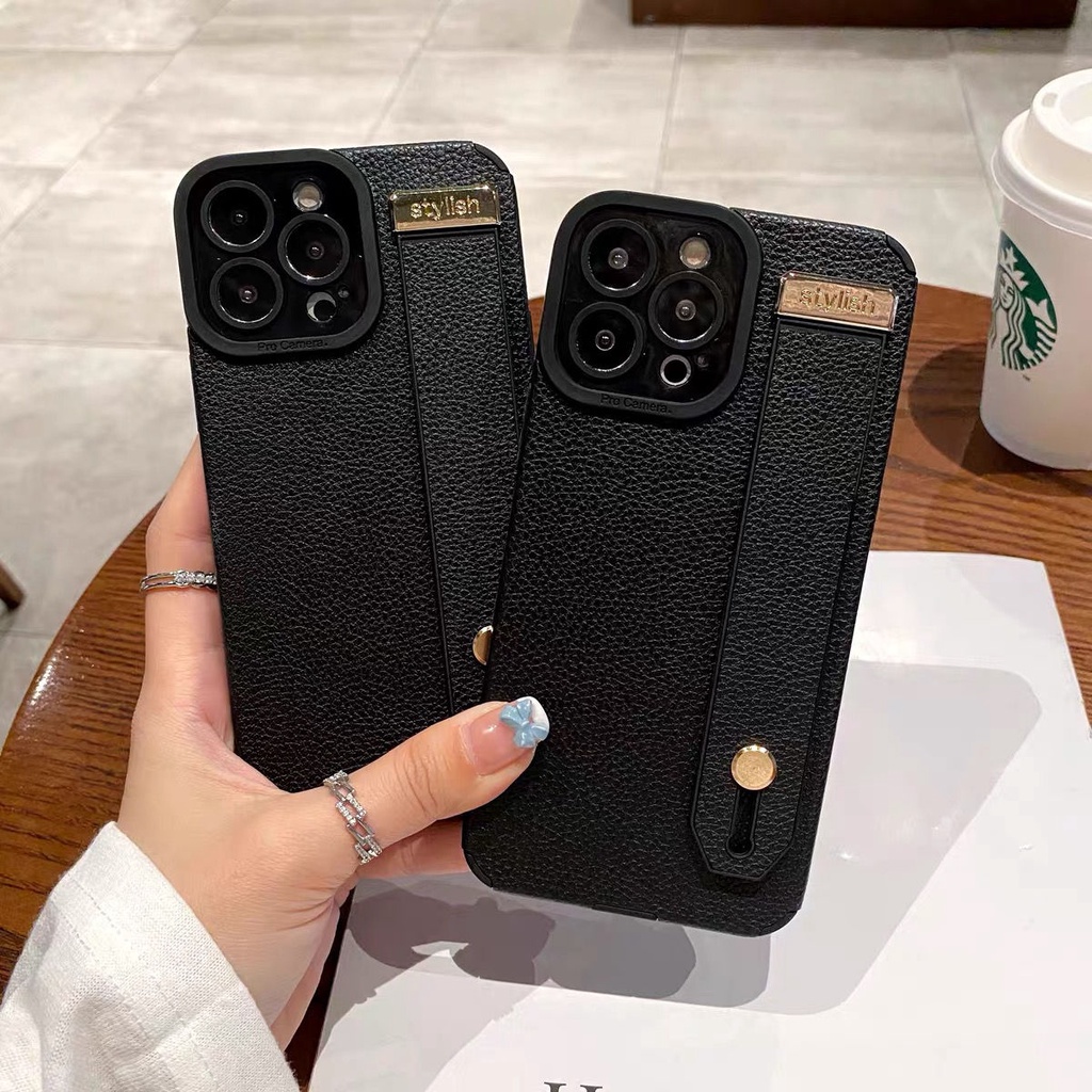 Ốp Điện Thoại Da Cao Cấp Có Dây Đeo Chống Rơi Cho iphone 11 12 13 pro max 14 xs xr x 7 8plus se 3 Đen
