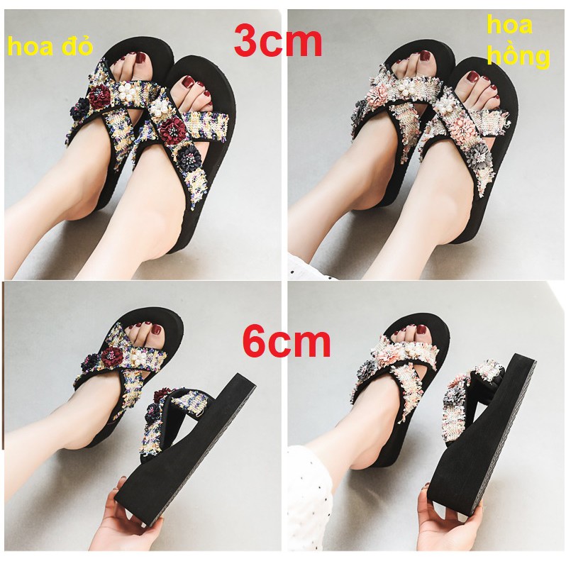 (SẴN HÀNG) Dép Nữ Đế Xuồng Cao Quai Chéo Đính Hoa/ Sandal Thời Trang 6Cm 3CM