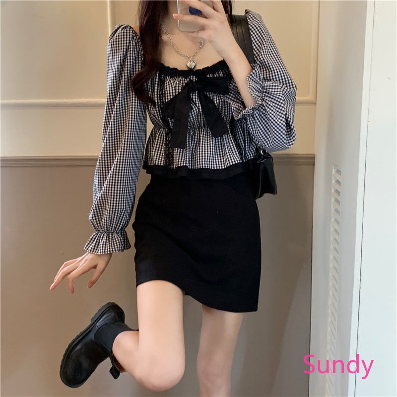 Áo Kiểu Tay Phồng Cổ Vuông Thắt Nơ Họa Tiết Sọc Caro Thời Trang Mùa Xuân Cho Nữ