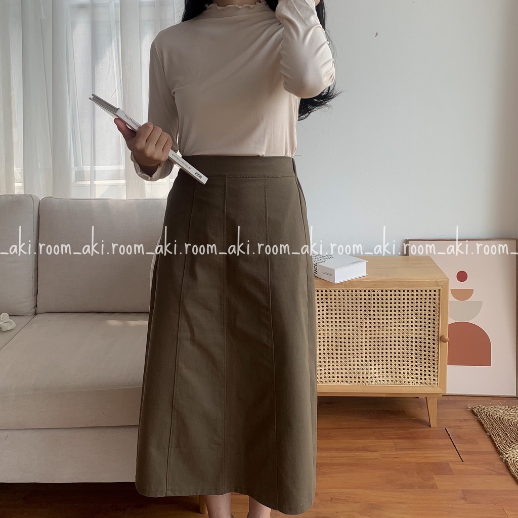 Chân váy kaki thô dài dáng A cạp lưng chun viền dọc