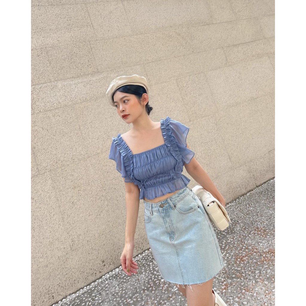 Áo voan freesize HEYBEE phom ngắn nhún bèo (2 màu) - BLUE BELL TOP HT630.