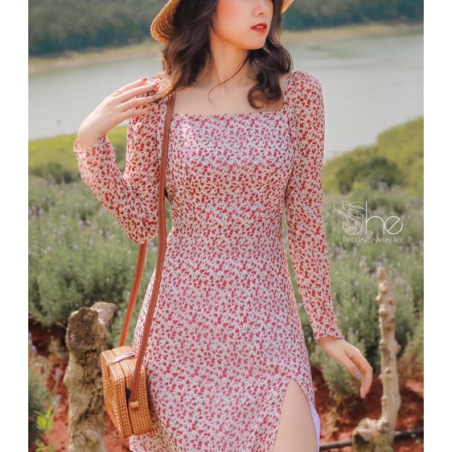 Lauren Dress - Đầm cổ vuông tay dài xẻ tà SDX92