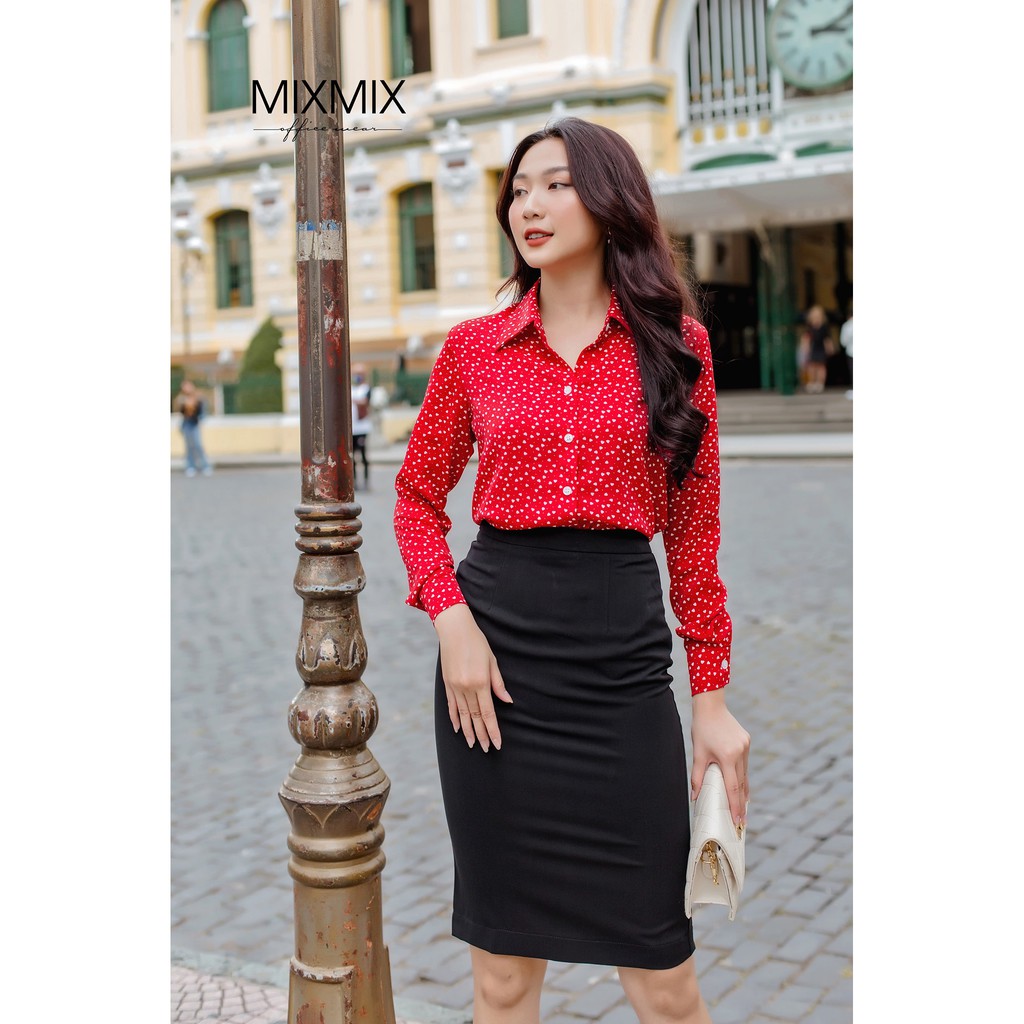 Áo sơ mi nữ họa tiết tim nhí - MIXMIX - Hàng thiết kế - Hình ảnh độc quyền shop tự chụp