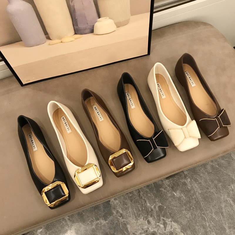 Giày búp bê CiCi đế bệt mũi vuông da trơn đính nơ khuy vuông đỏ đen trắng T10033