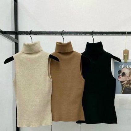Áo cổ lọ sát nách H&M xuất Âu thun cotton nỉ gân tăm đen, be, nâu