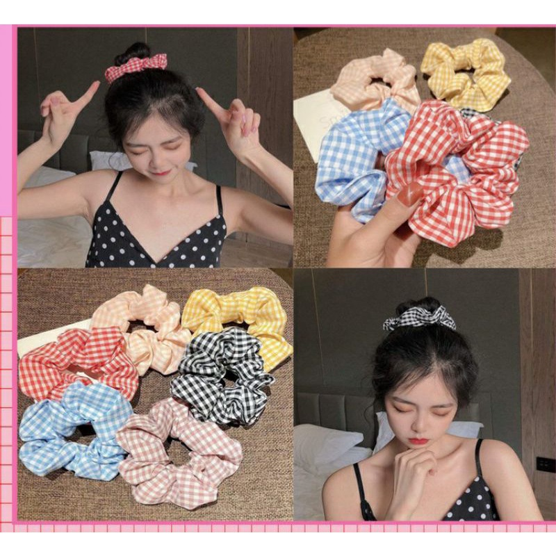Buộc tóc Scrunchies  vải kẻ caro