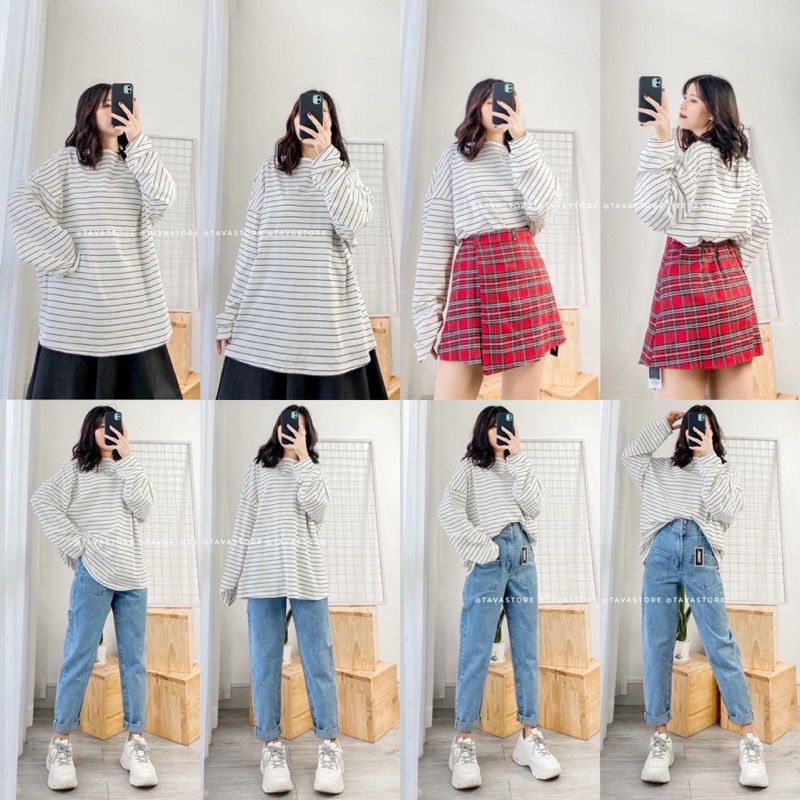 Áo phông POCA SHIRT tay dài from rộng chất vải cotton mát - áo thun kẻ from oversize