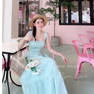 Váy maxi hai dây chạy chun bo ngực dáng xòe - váy đi biển
