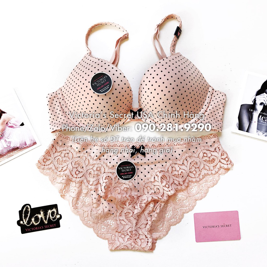 (Áo Vic) 34B, B75 - Áo lót hồng chấm bi (170), nâng ngực dòng Body By Victoria, Pink Dot - Victoria's Secret