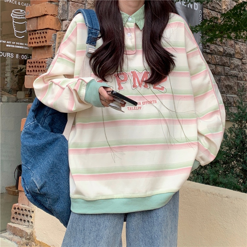 SUXI Áo Thun POLO Dài Tay Họa Tiết Kẻ Sọc Thời Trang Thu Đông Đơn Giản Cho Nữ