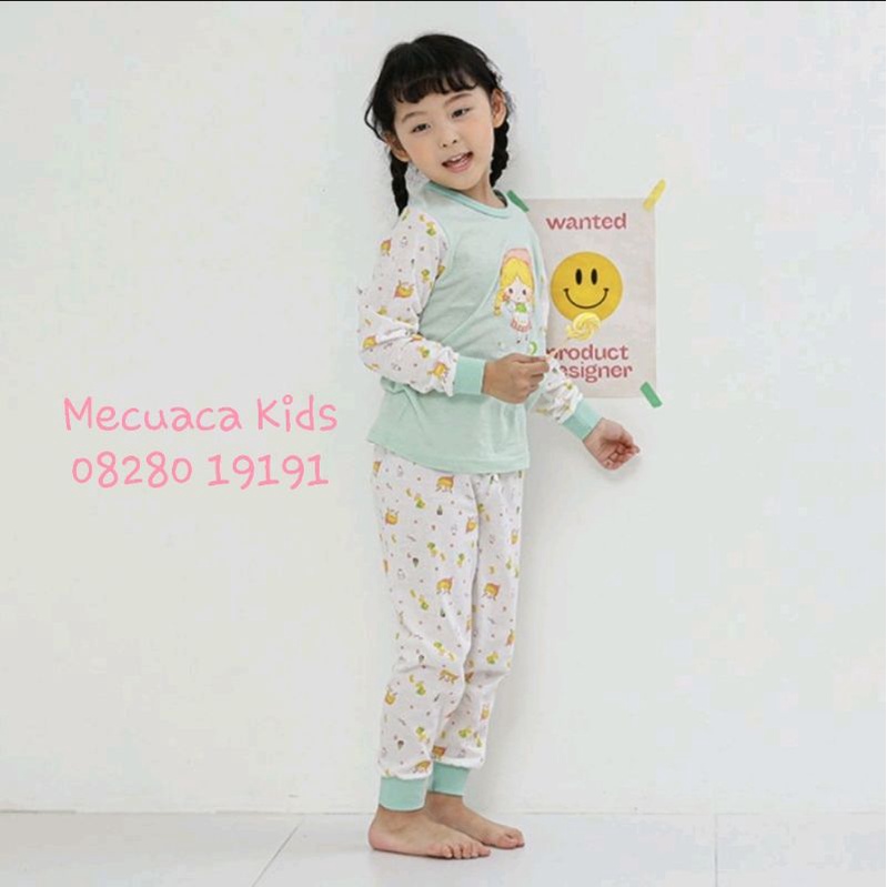 Bộ dài tay cotton giấy xuất Hàn dư xịn cho bé gái Ppippilong màu xanh cô bé