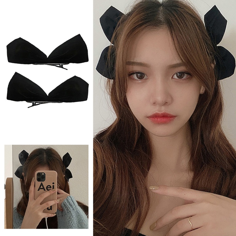 Set 2 Kẹp Tóc Nơ Lớn Bằng Nhung Màu Trơn Thời Trang Vintage Dành Cho Nữ