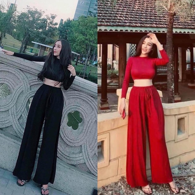 set đồ nữ áo dáng ngắn crotop + quần xuông rộng set xuông sang chảnh Annastore