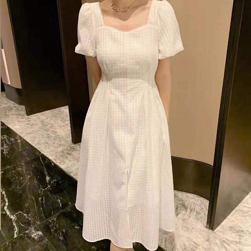 ĐẦM TRẮNG Ô NHÍ TAY BO CỔ VIỀN HẠT XẺ TÀ