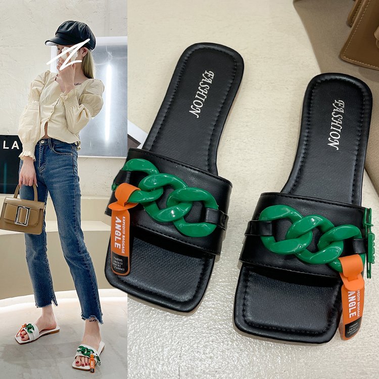 Ulzzang Fashion Square Chain Flat Sandals Outwear Slipper