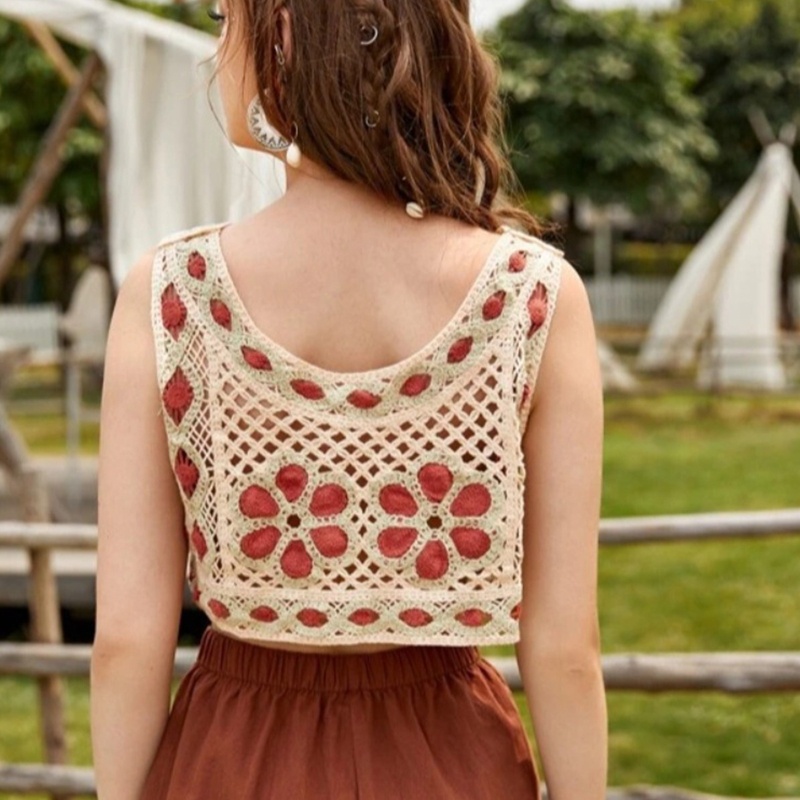 Áo Croptop Dệt Kim Dáng Rộng Họa Tiết Hình Học Phong Cách Vintage Cho Nữ