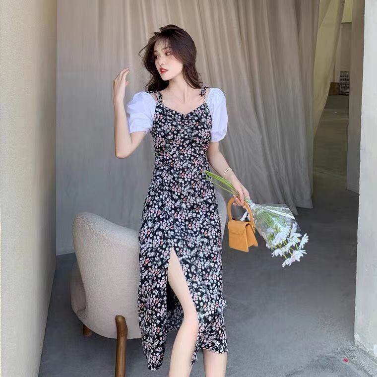 Đầm IELGY dáng dài qua đầu gối tay ngắn phối hai dây in họa tiết hoa phong cách Pháp thời trang dành cho nữ