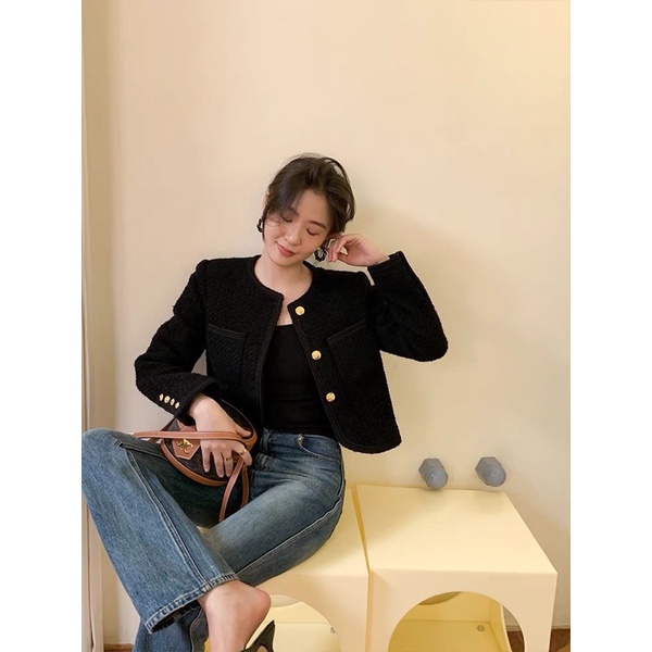 (Có Sẵn) Áo Dạ Tweed Đen Cúc Đồng Quảng Châu Loại 1 (Hàng 2 Lớp Dày Dặn) Áo Khoác Dạ tweed Nữ