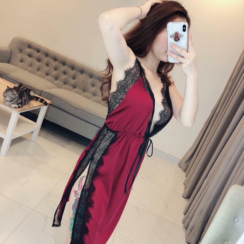 Váy ngủ phi lụa sexy hai dây chéo lưng phối ren xẻ tà hở lưng gợi cảm màu trắng tinh khôi