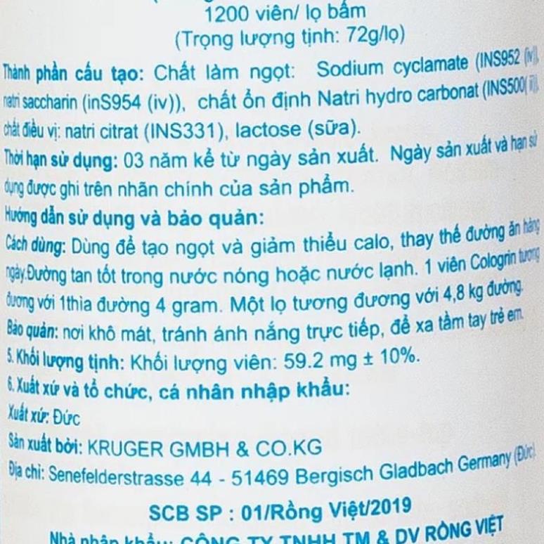 Đường Ăn Kiêng Cologrin Kruger Viên Nén Tạo Ngọt 1200 viên