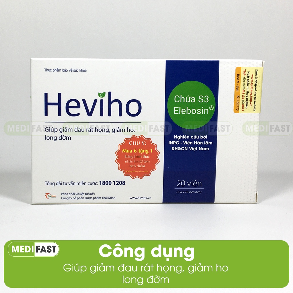 Heviho hỗ trợ giảm đau rát họng từ thảo dược Hộp 20 viên - Có tem tích điểm chính hãng