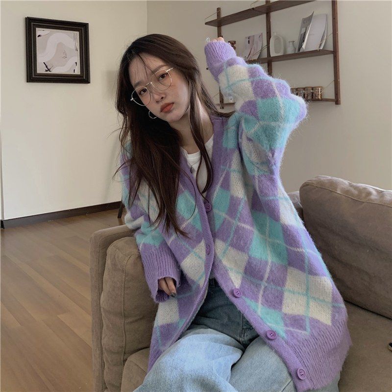 Áo Khoác Cardigan Dệt Kim Vải Nhung Màu Tím Phong Cách Hàn Quốc Mới 2021