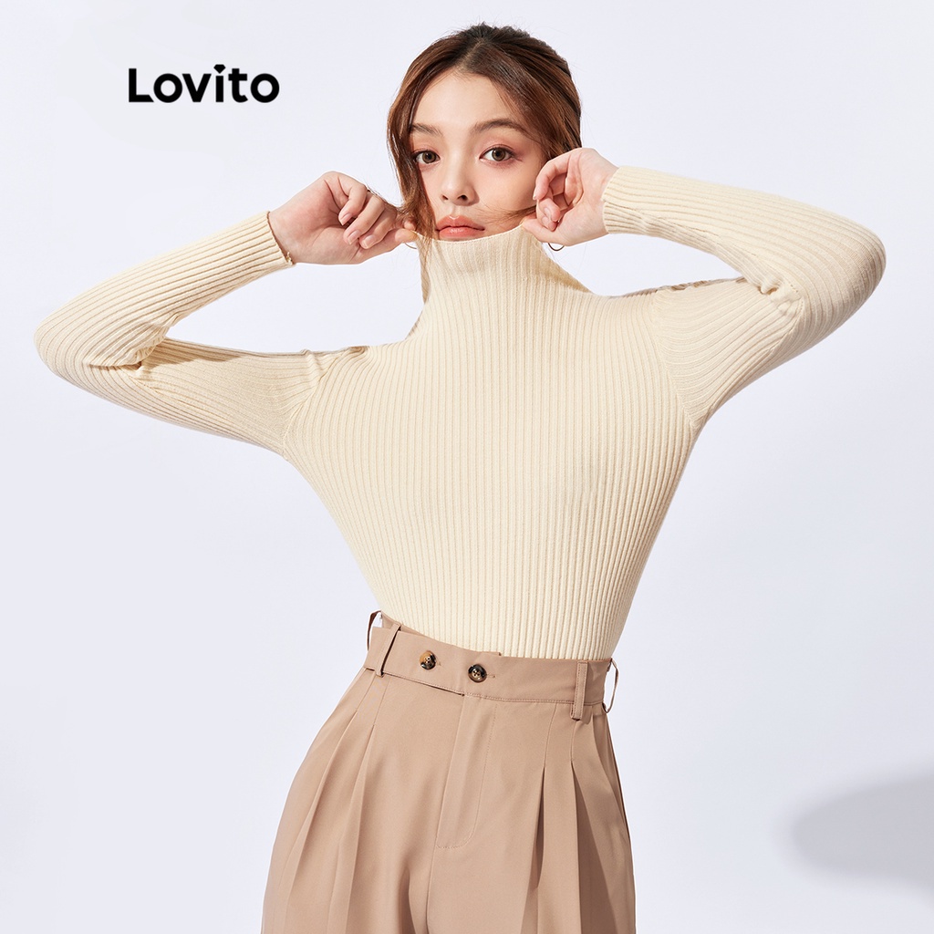 Áo sweater Lovito dệt kim thoáng khí mềm mịn cổ cao tay dài màu trơn phong cách thường ngày L32FW077 (màu mơ)