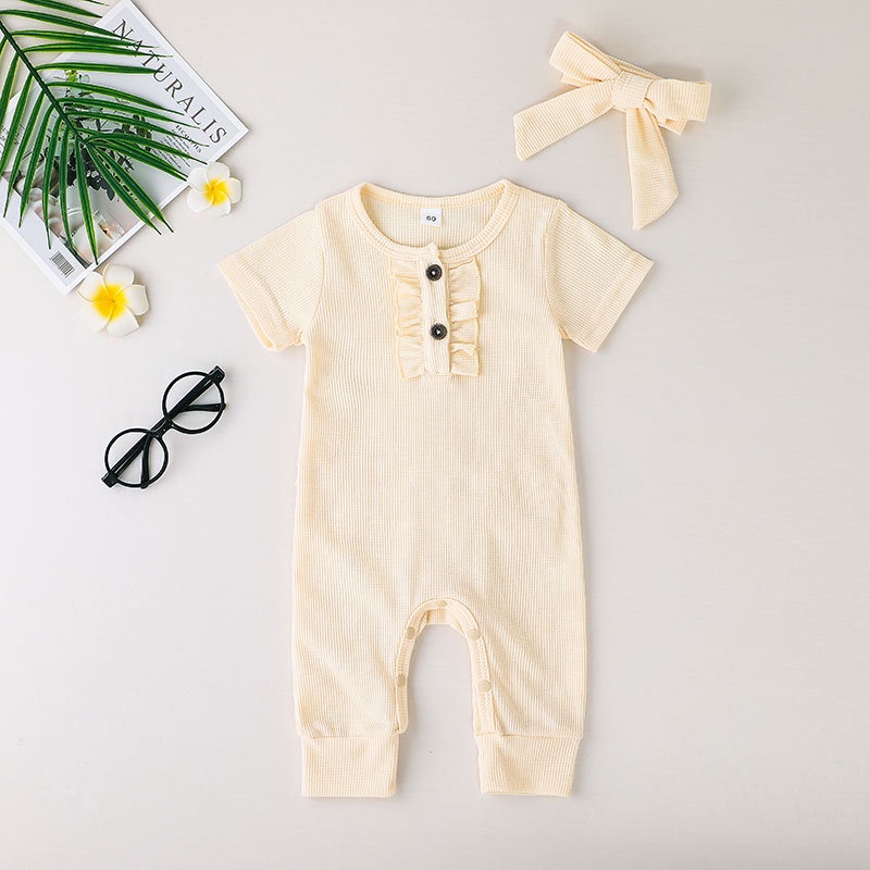 Body Tay Ngắn Kèm Băng Đô Cho Bé Gái Sơ Sinh 0-24 Tháng,Bodysuit Liền Thân Mùa Hè Màu Trơn Áo Liền Quần Cho Bé trẻ em