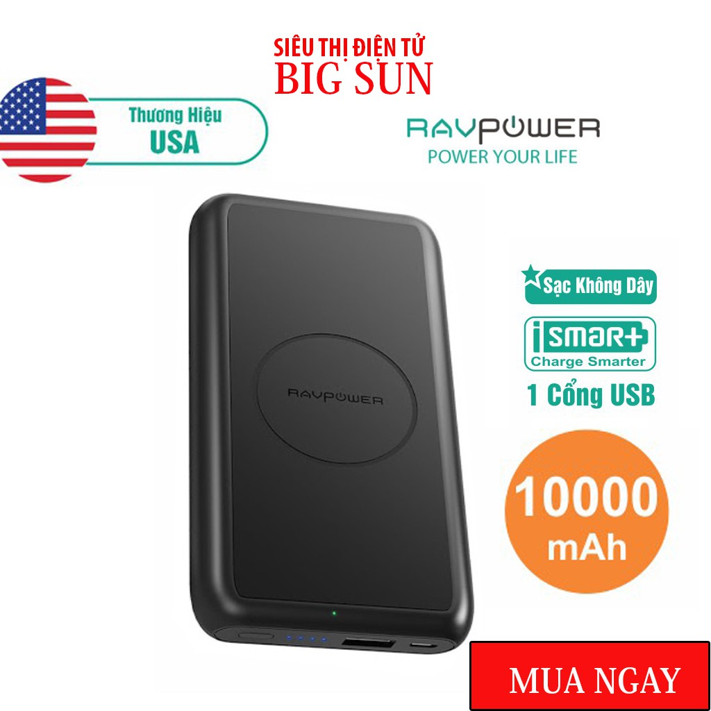 Pin Sạc Dự Phòng Tích Hợp Sạc Không Dây RAVPower 10000mAh 12W Input Type-C RP-PB081- THƯƠNG HIỆU USA - HÀNG CHÍNH HÃNG