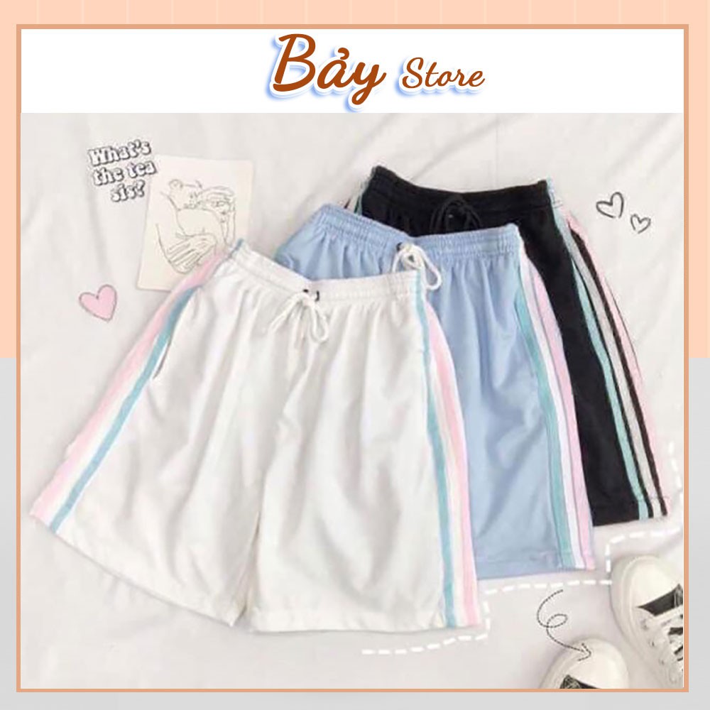 Quần Short Đùi 3 Sọc RAINBOW Bảy Store Unisex 🌸 Shorts ống rộng cạp chun trơn màu ĐEN | TRẮNG | XANH Ulzzang 🌸
