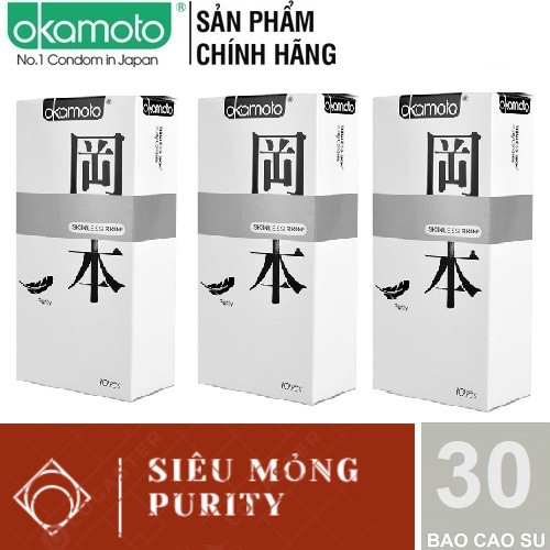 Bao cao su Okamoto Purity Trắng tinh khiết [COMBO 3 HỘP 30BAO] BCS siêu mỏng mềm mại trong veo, nhịp nhàng chuyển động