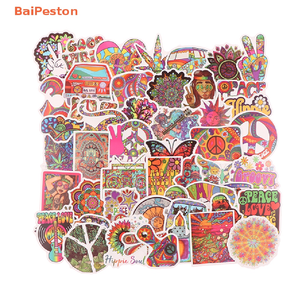 Set 50 Miếng Dán Nghệ Thuật Hippie Cổ Điển Trang Trí Ván Trượt / Laptop / Tủ Lạnh