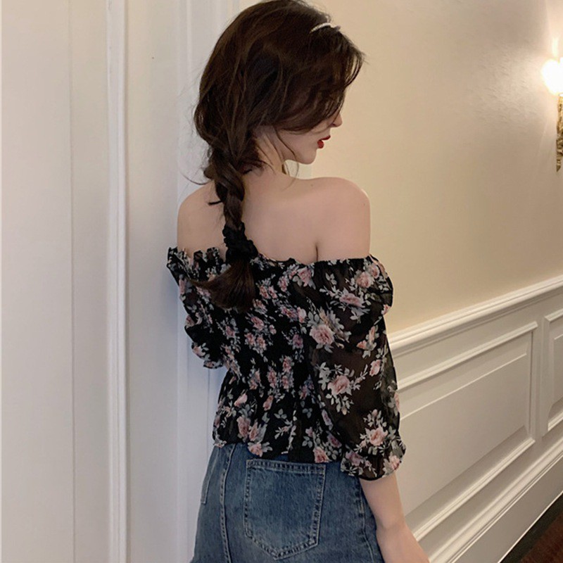 Áo Kiểu Chất Chiffon Hoạ Tiết Hoa Thiết Kế Trễ Vai Quyến Rũ