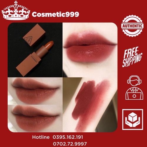 Son 3ce chính hãng, son 3ce 909 đỏ gạch trầm hàn quốc chính hãng lì mịn cosmetic999