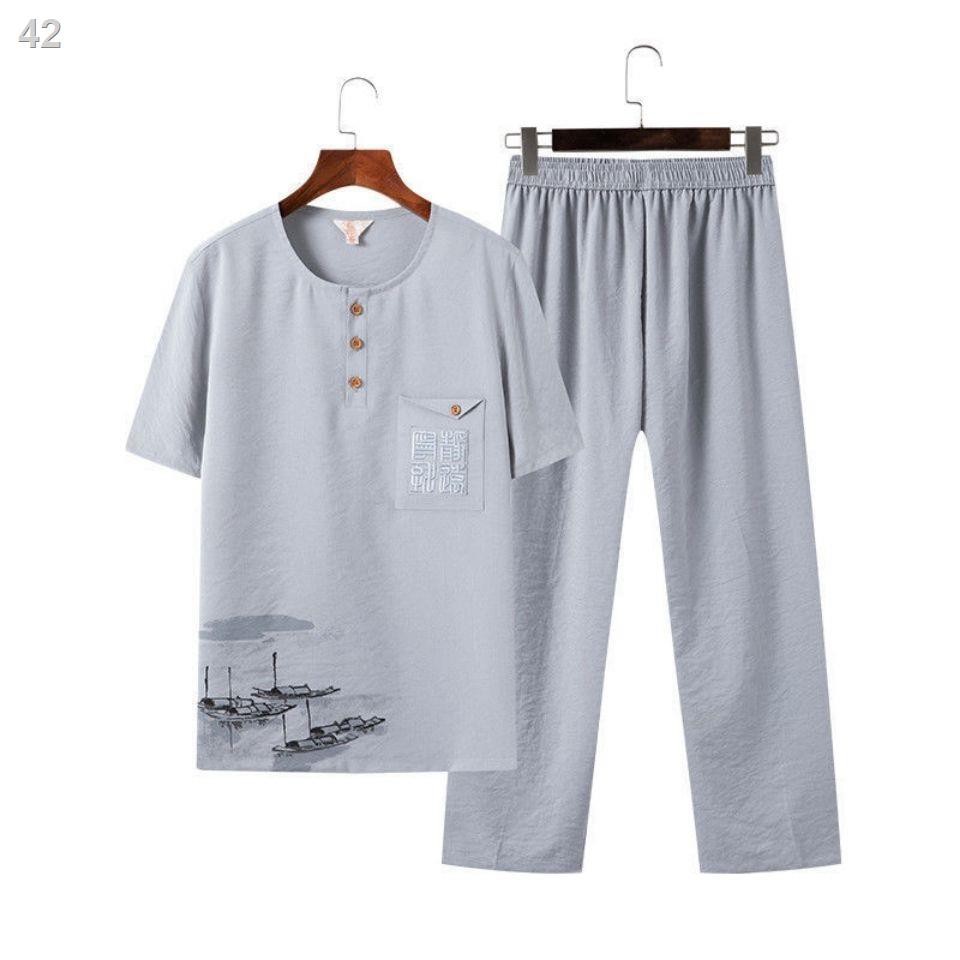 KMùa hè mới người cha trung niên và cao tuổi mặc bộ đồ Tang vest nam ngắn tay mỏng thường phục áo sơ mi ông nội ph