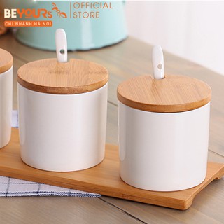 BỘ LỌ CỐC GIA VỊ HÌNH TRỤ BEYOURs NỘI THẤT PHÒNG BẾP MÀU TRẮNG CÓ NẮP GỖ
