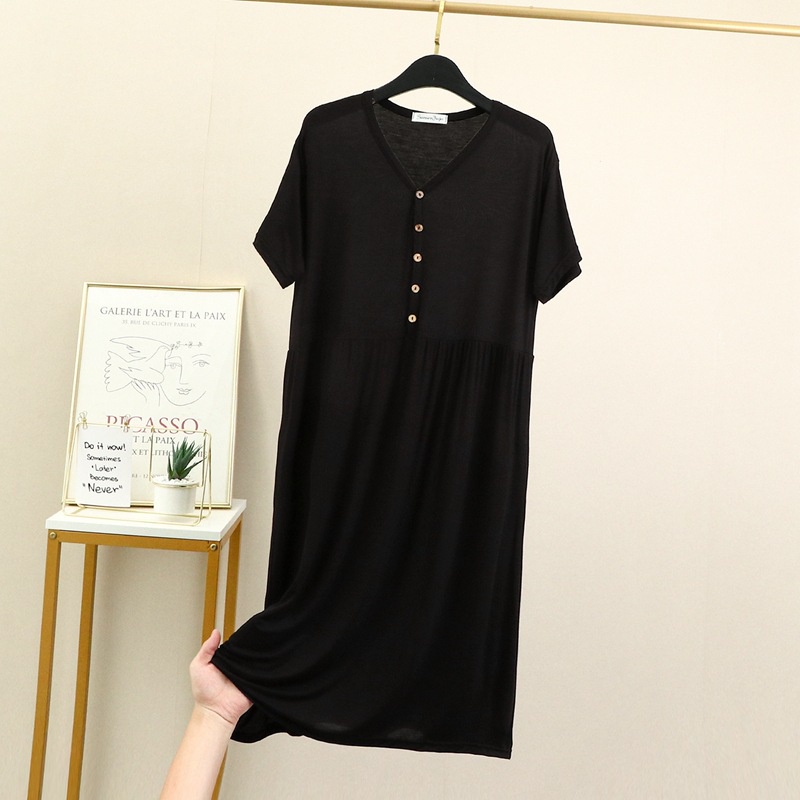 Đầm Tay Ngắn Cổ Tròn Dáng Rộng Cài Nút Chất Liệu Cotton Thời Trang Mùa Hè Cho Nữ