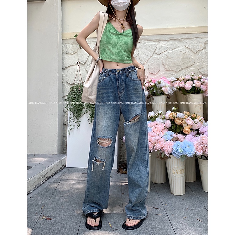 Porozi  quần jean nữ ống đứng lưng cao Quần jeans Nữ Lưng Cao Ống Rộng Thời Trang Hàn Quốc