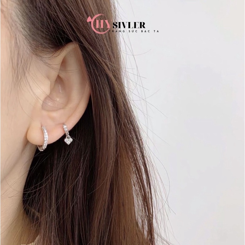 Bông tai dạng bấm bạc ta đính đá nhỏ xinh hàng đẹp đường kính 1cm hoa tai nữ bạc thật giá rẻ CHY SILVER