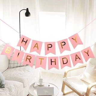 Dây cờ chữ Happy Birthday màu vàng đồng nền pastel trang trí sinh nhật